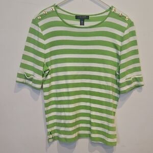 Lauren Ralph Lauren Lime Striped Tee with Gold Buttons